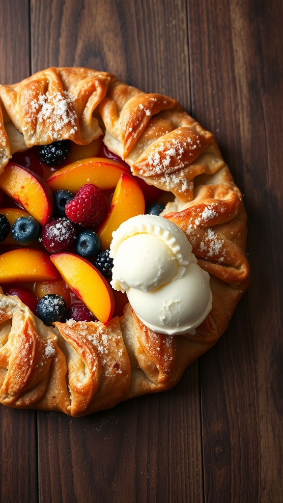 A homemade fruit galette with colorful fruits, golden crust, and a scoop of vanilla ice cream on a wooden table.